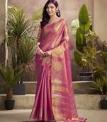 Women's pink tissue silk zari woven saree with unstitched silk blouse piece