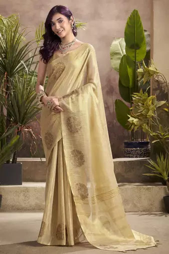 Women's beige tissue silk zari woven saree with unstitched silk blouse piece