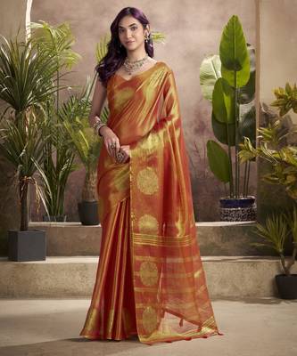 Women's rust tissue silk blend zari woven saree with unstitched silk blend blouse piece 1