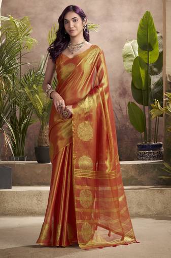 Women's rust tissue silk zari woven saree with unstitched silk blouse piece
