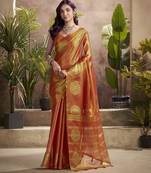 Women's rust tissue silk zari woven saree with unstitched silk blouse piece