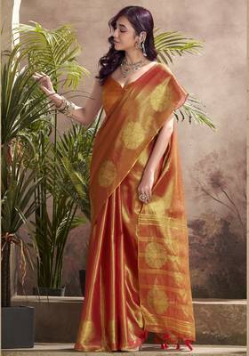 Women's rust tissue silk blend zari woven saree with unstitched silk blend blouse piece 2