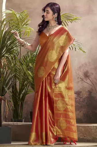 Women's rust tissue silk blend zari woven saree with unstitched silk blend blouse piece