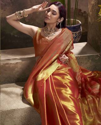 Women's rust tissue silk blend zari woven saree with unstitched silk blend blouse piece 3