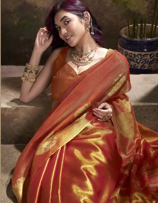 Women's rust tissue silk blend zari woven saree with unstitched silk blend blouse piece 4
