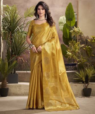 Women's gold tissue silk blend zari woven saree with unstitched silk blend blouse piece 1