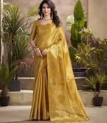 Women's gold tissue silk zari woven saree with unstitched silk blouse piece