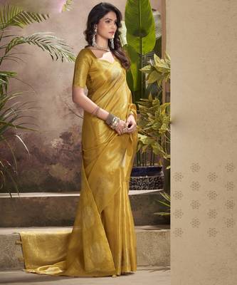 Women's gold tissue silk blend zari woven saree with unstitched silk blend blouse piece 2