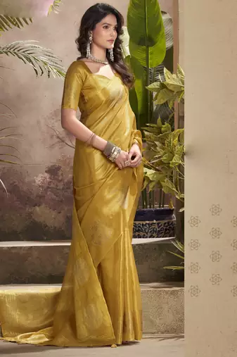 Women's gold tissue silk blend zari woven saree with unstitched silk blend blouse piece