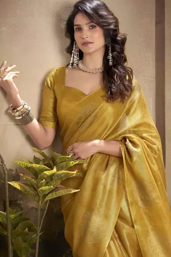 Women's gold tissue silk blend zari woven saree with unstitched silk blend blouse piece