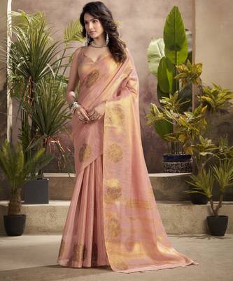 Women's peach tissue silk blend zari woven saree with unstitched silk blend blouse piece 1