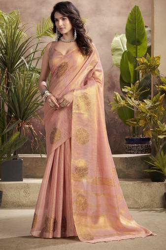 Women's peach tissue silk zari woven saree with unstitched silk blouse piece