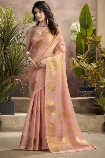 Women's peach tissue silk zari woven saree with unstitched silk blouse piece