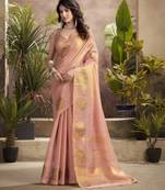 Women's peach tissue silk zari woven saree with unstitched silk blouse piece