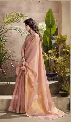 Women's peach tissue silk blend zari woven saree with unstitched silk blend blouse piece 2