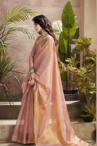 Women's peach tissue silk blend zari woven saree with unstitched silk blend blouse piece