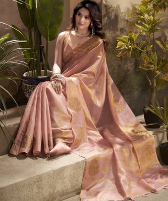 Women's peach tissue silk blend zari woven saree with unstitched silk blend blouse piece 3