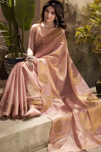 Women's peach tissue silk blend zari woven saree with unstitched silk blend blouse piece