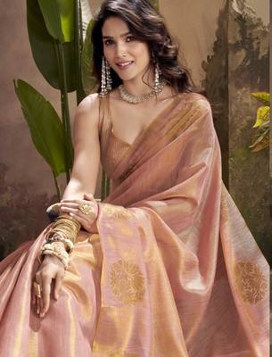 Women's peach tissue silk blend zari woven saree with unstitched silk blend blouse piece 4