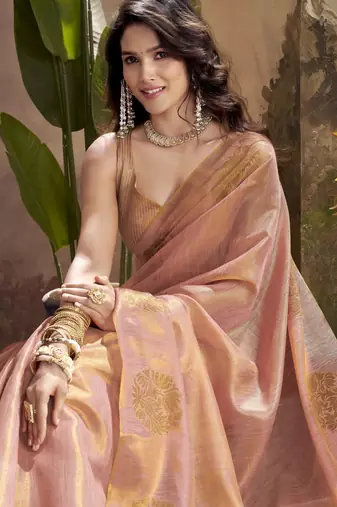 Women's peach tissue silk blend zari woven saree with unstitched silk blend blouse piece