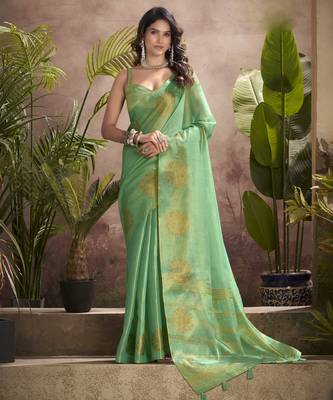 Women's sea green tissue silk blend zari woven saree with unstitched silk blend blouse piece 1