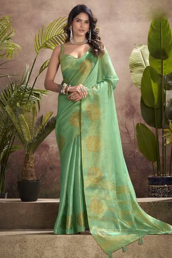 Women's sea green tissue silk zari woven saree with unstitched silk blouse piece