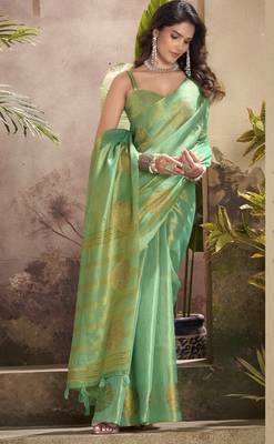 Women's sea green tissue silk blend zari woven saree with unstitched silk blend blouse piece 2