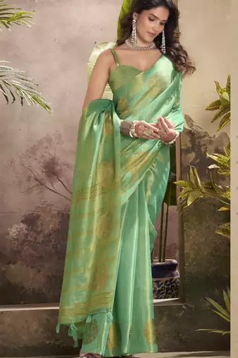 Women's sea green tissue silk blend zari woven saree with unstitched silk blend blouse piece