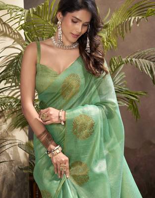 Women's sea green tissue silk blend zari woven saree with unstitched silk blend blouse piece 3