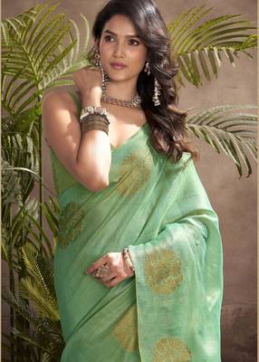 Women's sea green tissue silk blend zari woven saree with unstitched silk blend blouse piece 4