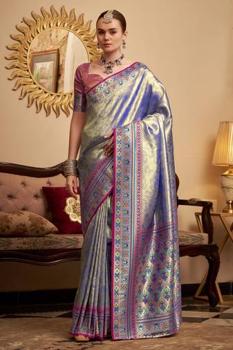Women's blue tissue silk zari woven saree with unstitched silk blouse piece
