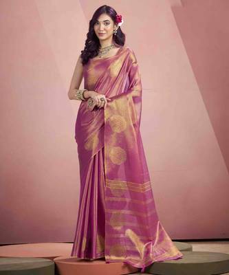 Women's pink tissue silk zari woven saree with unstitched silk blouse piece 1