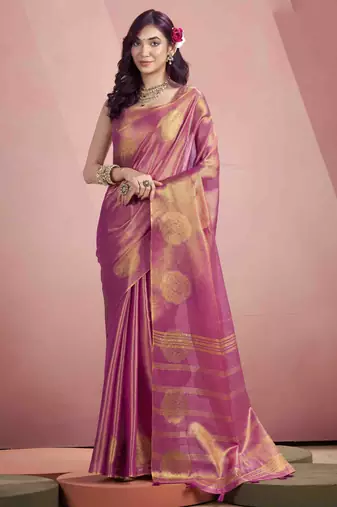 Women's pink tissue silk zari woven saree with unstitched silk blouse piece