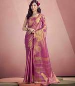 Women's pink tissue silk zari woven saree with unstitched silk blouse piece