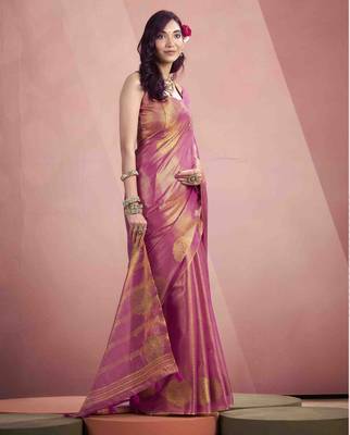 Women's pink tissue silk zari woven saree with unstitched silk blouse piece 2