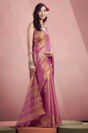 Women's pink tissue silk zari woven saree with unstitched silk blouse piece