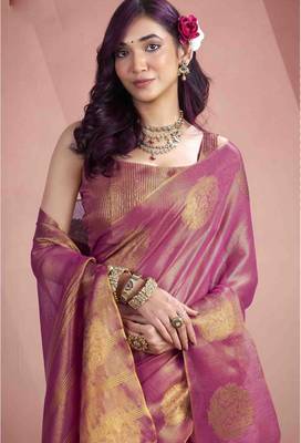 Women's pink tissue silk zari woven saree with unstitched silk blouse piece 3