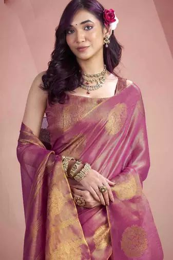 Women's pink tissue silk zari woven saree with unstitched silk blouse piece