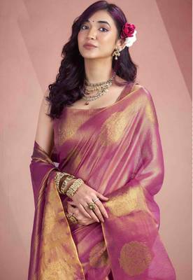 Women's pink tissue silk zari woven saree with unstitched silk blouse piece 4