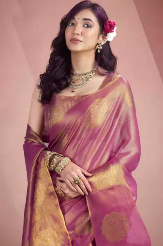 Women's pink tissue silk zari woven saree with unstitched silk blouse piece
