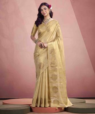Women's beige tissue silk blend zari woven saree with unstitched silk blend blouse piece 1