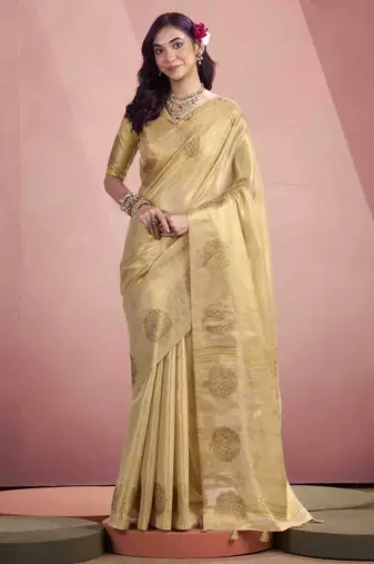 Women's beige tissue silk zari woven saree with unstitched silk blouse piece