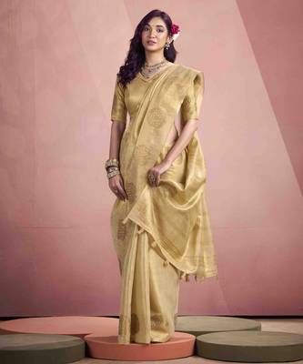 Women's beige tissue silk blend zari woven saree with unstitched silk blend blouse piece 2