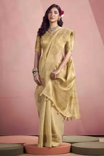 Women's beige tissue silk blend zari woven saree with unstitched silk blend blouse piece