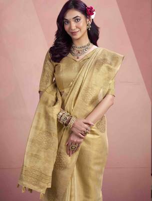 Women's beige tissue silk blend zari woven saree with unstitched silk blend blouse piece 3
