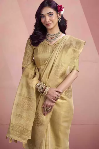 Women's beige tissue silk blend zari woven saree with unstitched silk blend blouse piece
