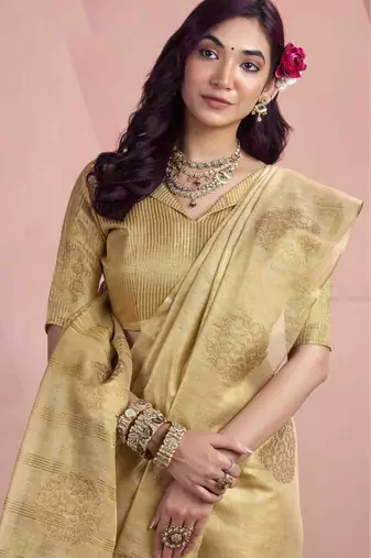 Women's beige tissue silk blend zari woven saree with unstitched silk blend blouse piece