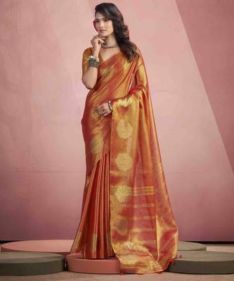 Women's rust tissue silk blend zari woven saree with unstitched silk blend blouse piece 1
