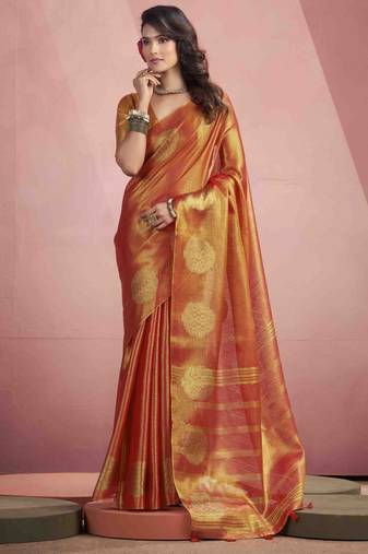 Women's rust tissue silk zari woven saree with unstitched silk blouse piece