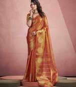 Women's rust tissue silk zari woven saree with unstitched silk blouse piece
